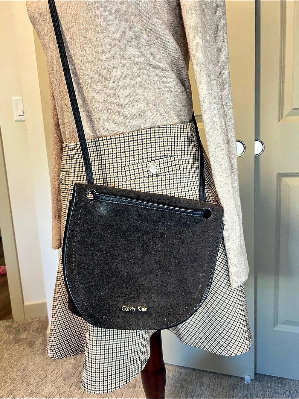 Calvin Klein Black Suede & Leather Frame Medium Saddle Bag Crossbody